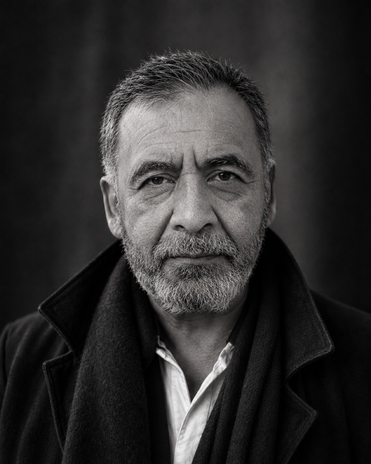 Retrato vertical en blanco y negro de Saúl Burgos.